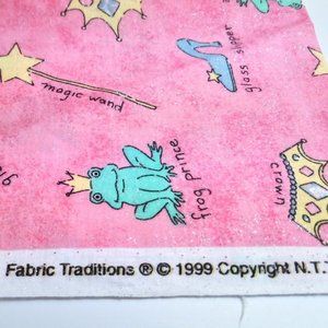 Vintage 1999 Fabric Fat Quarter Pink Peach Princess Frog Slipper Crown Glitter